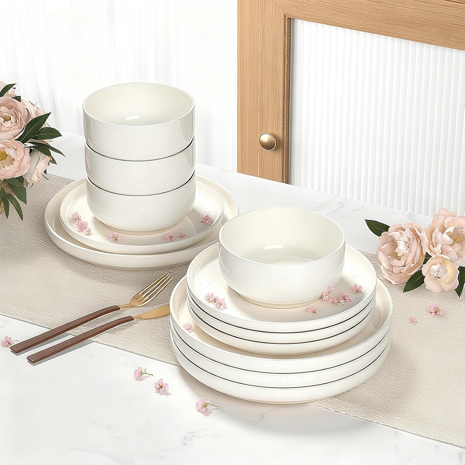 Cream White Ceramic Dinnerware Set (12 pieces/4 servings), Scratch-Resistant Design, Microwave and Dishwasher Safe