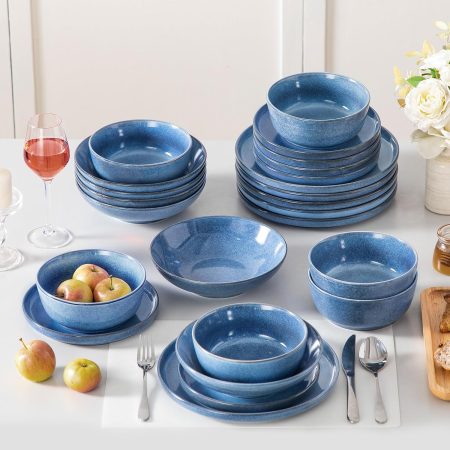 Blue Reactive Glaze Ceramic Dinnerware Set (24 pieces/6 servings), Microwave and Dishwasher Safe